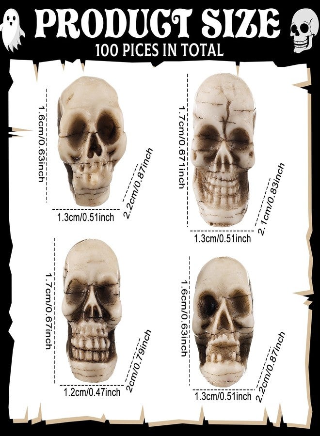 Arrowbash مجموعة أروباش من 100 قطعة من تماثيل الجماجم الصغيرة، تماثيل رؤوس هياكل عظمية صغيرة للهالوين، مصنوعة من الراتنج، زينة جمجمة مصغرة، رأس هيكل عظمي بشري مزيف واقعي، هدايا لحفلات الهالوين، ديكور طاولة المنزل - Image 3